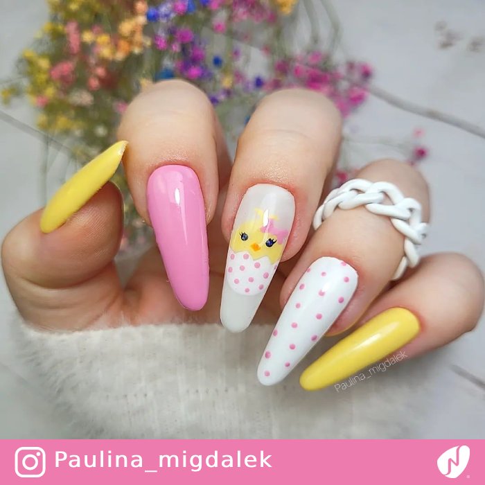 Polka Dot and Chicken Easter Nails
